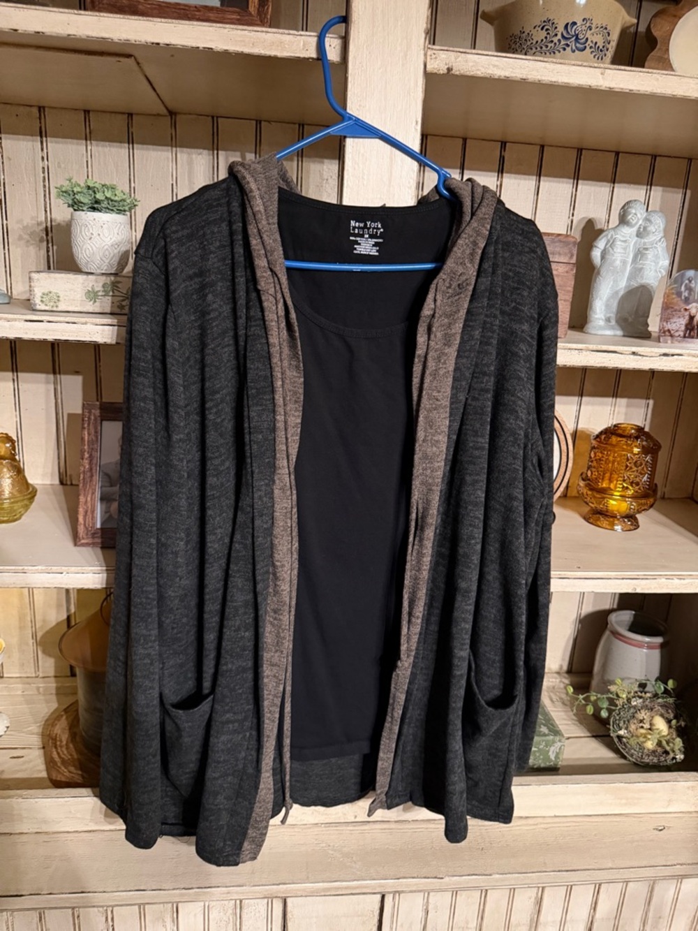 Charcoal Hooded Open Front Cardigan with Taupe Trim & a Black Tank